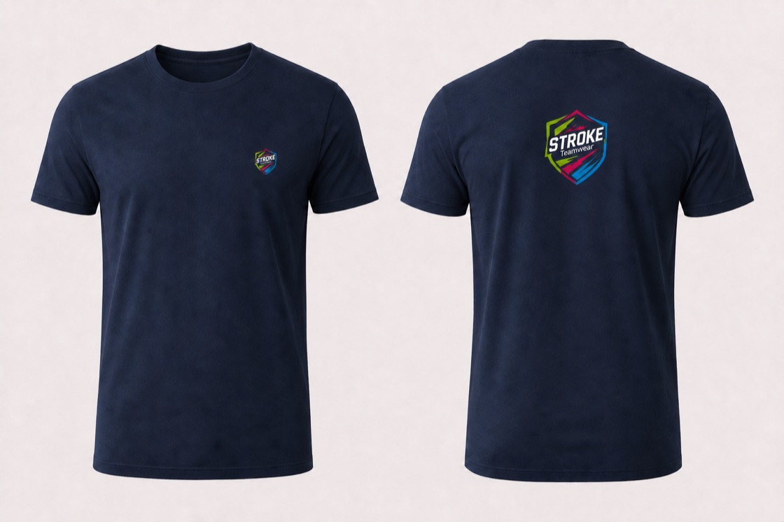 Pure Organic T in French Navy mit STROKE Teamwear Vereinsdruck vorne und hinten