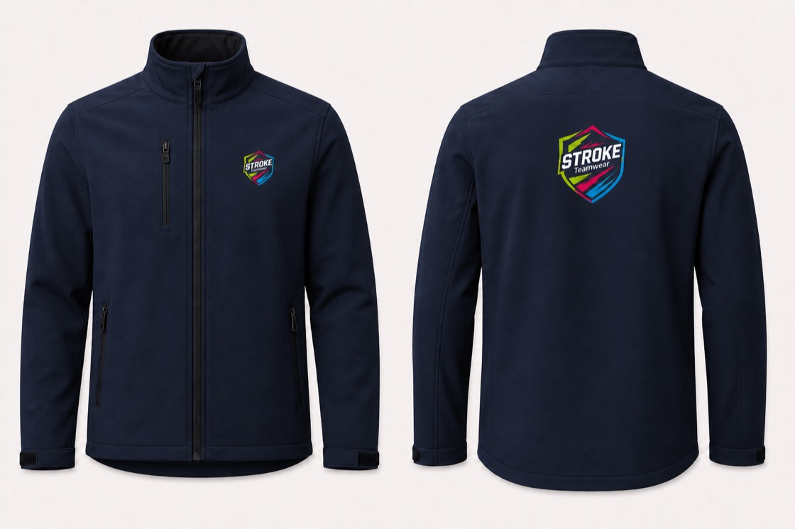 Softshell Jacket in French Navy mit STROKE Teamwear Vereinsdruck vorne und hinten