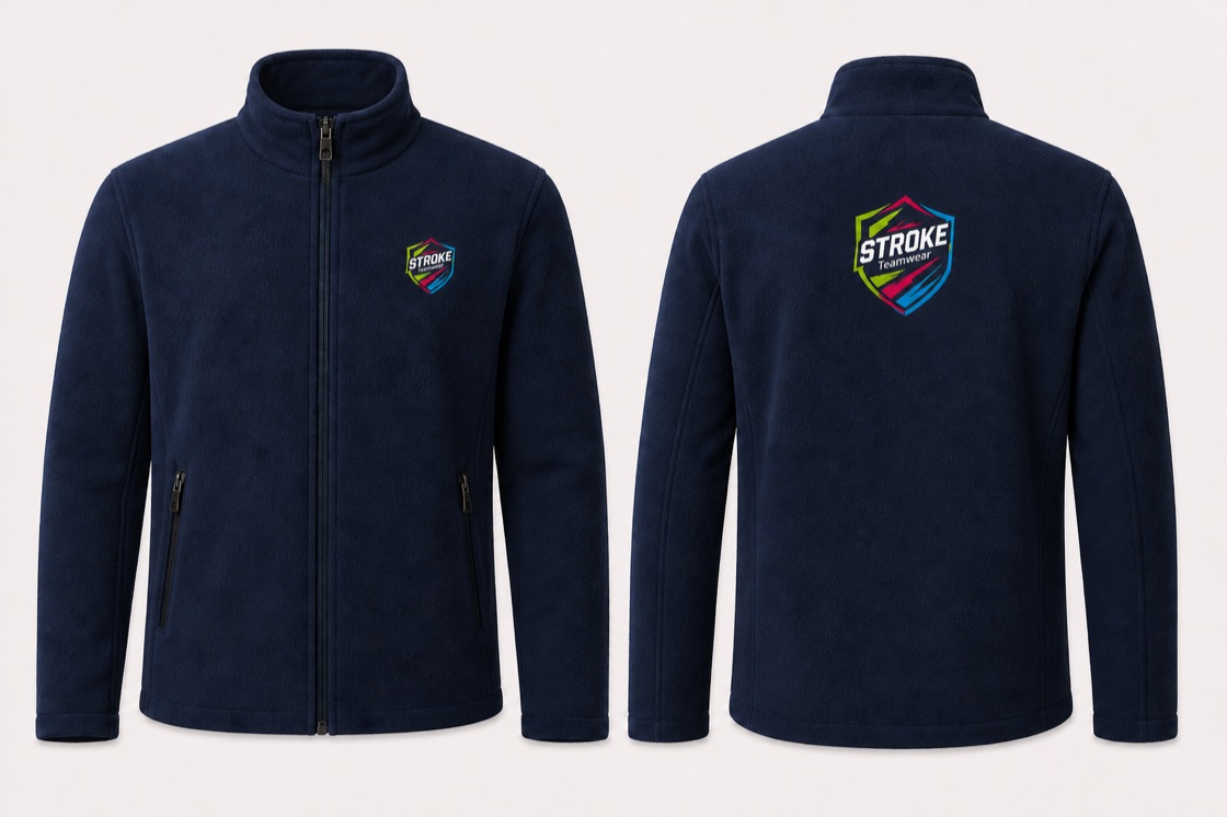 Full-Zip Fleece in French Navy mit STROKE Teamwear Vereinsdruck vorne und hinten