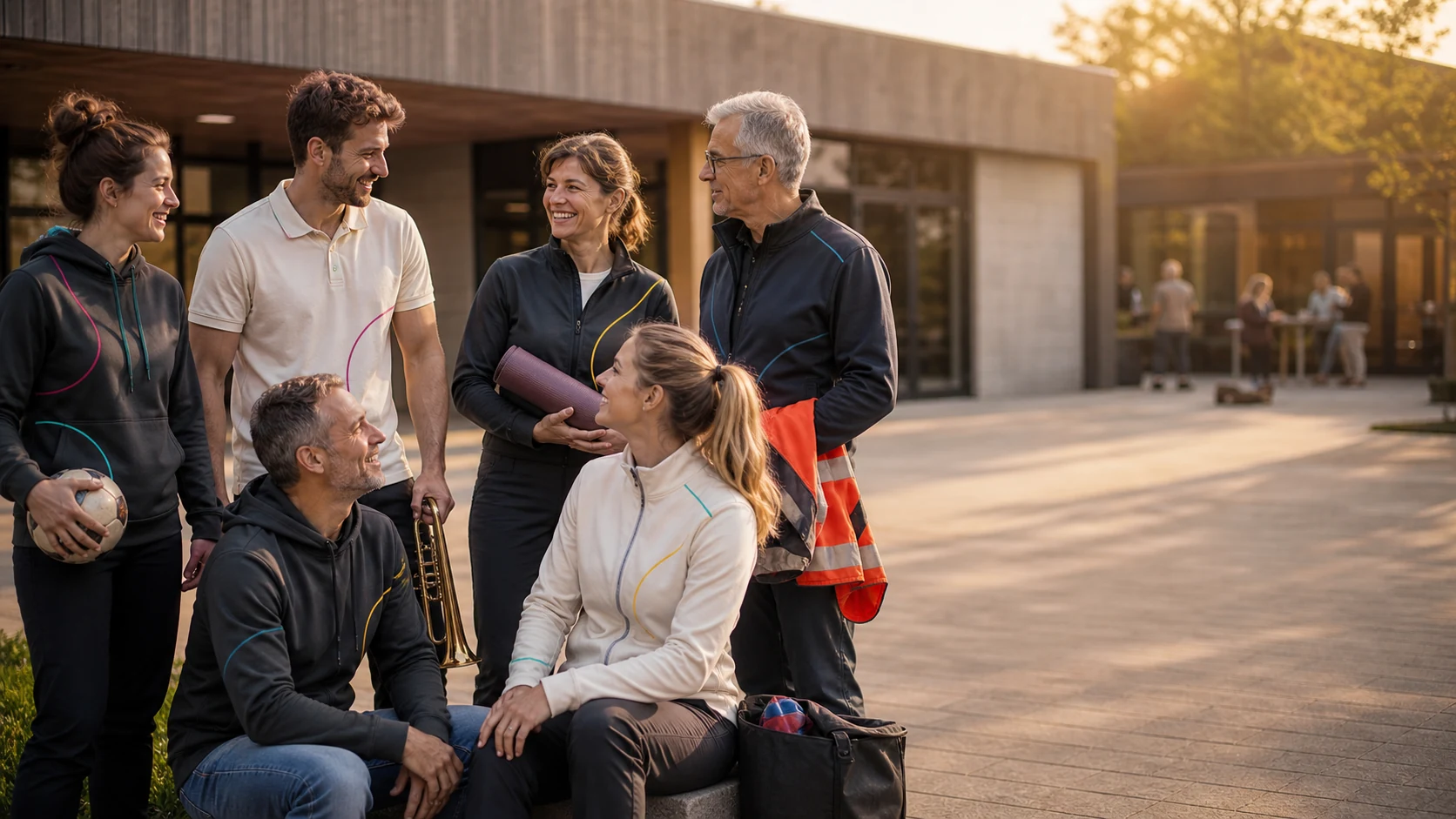Menschen aus verschiedenen Vereinen in gemeinsamer Vereinskleidung
